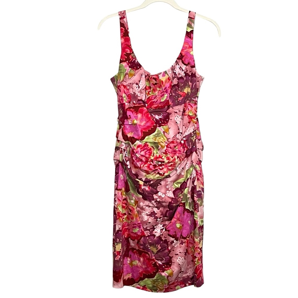 Suzi Chin Maggy Boutique Pink Floral Ruched Midi Dress Size 8 Cotton Garden